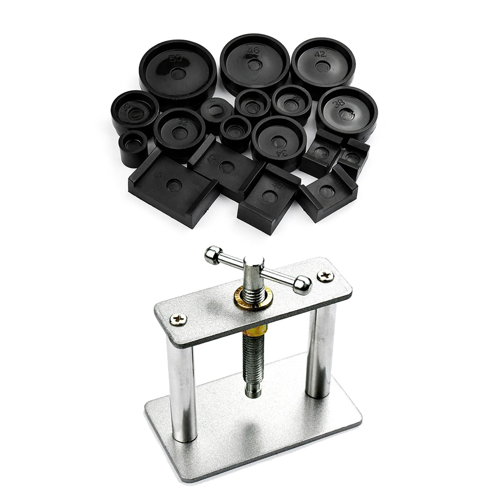 Juego de Prensa para Reloj, Caja Trasera de Reloj, Tipo Tornillo, con 18 Matrices, Juego de Herramientas de Prensa para relojero para reparación de Relojes, Caja Trasera de Reloj(