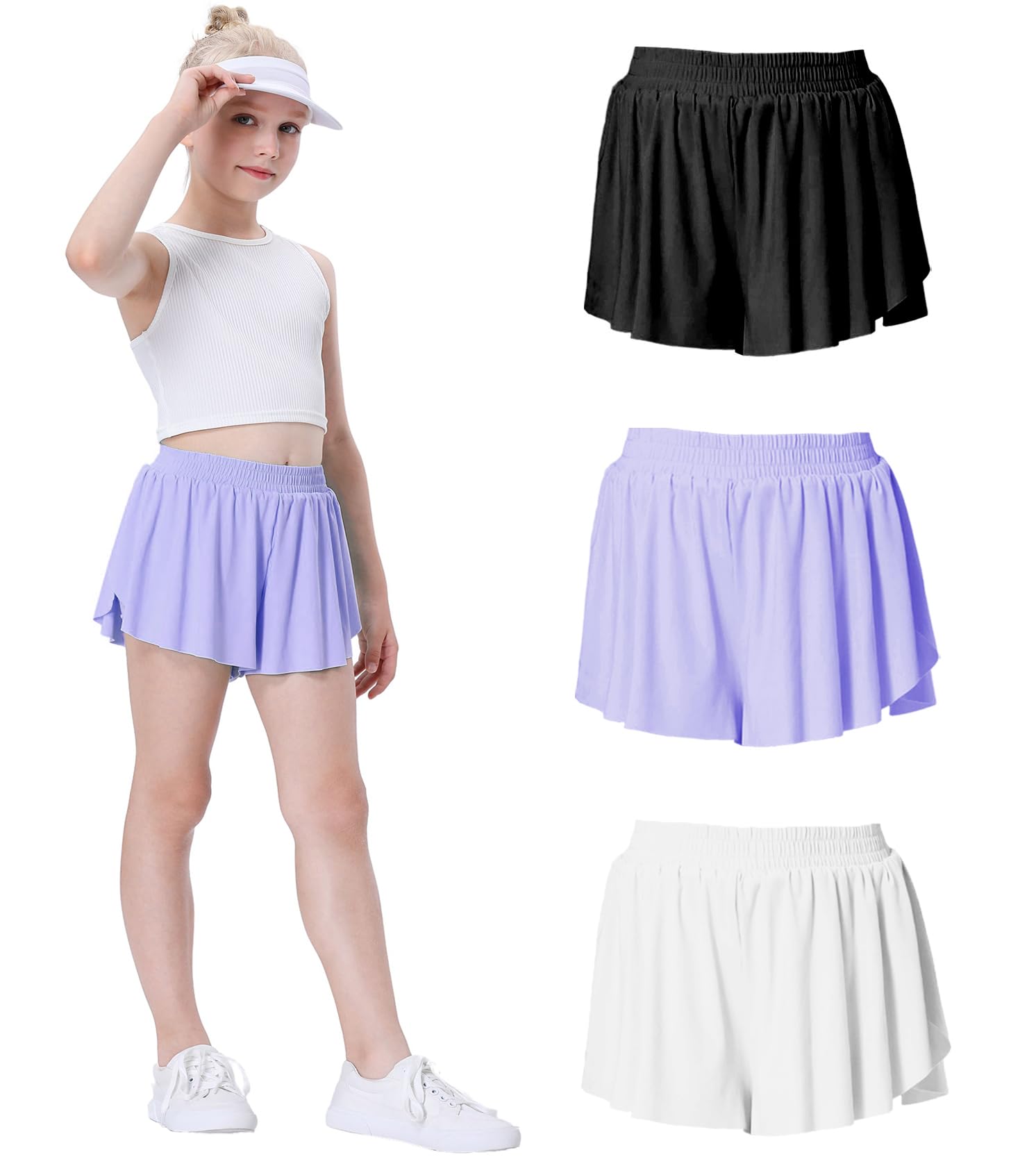 3 Pack Soft Girls Butterfly Shorts 7-16 Comfortable 2-in-1 Kids Flowy Shorts for Running, Dance, Sports