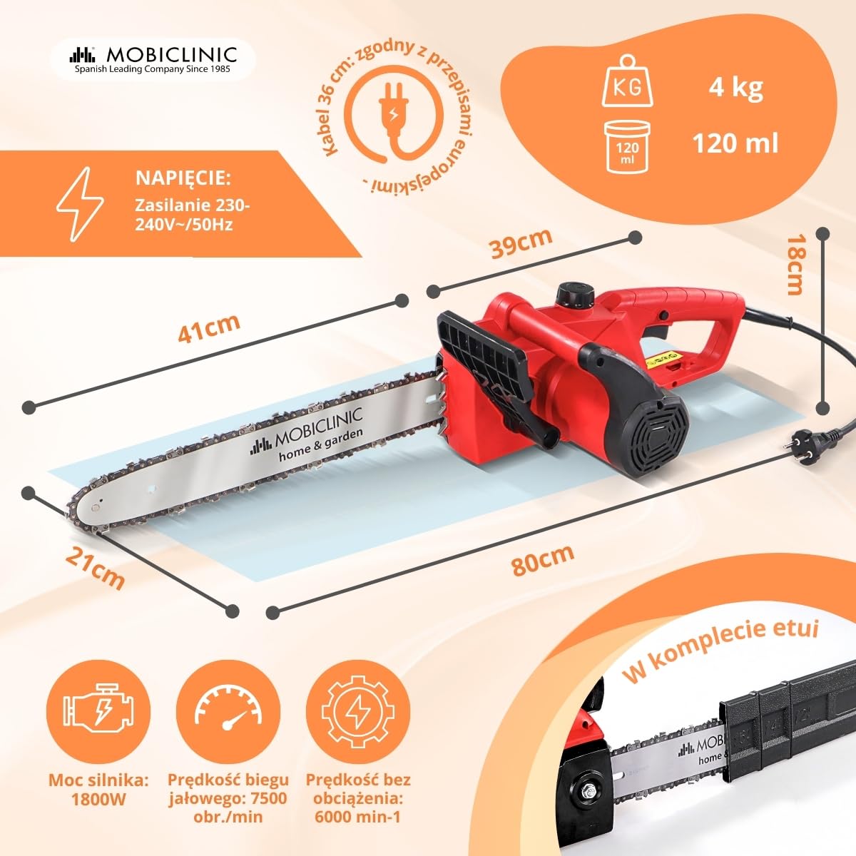 Mobiclinic®, Elektryczna pił łńcuchowa z kablem, 1800 w, Długość cięcia 40 cm, Automatyczne smarowanie, Zawiera etui, Uchwytem, Prędkość 13 m/s, Do 120 ml, Okno kontrolne oleju