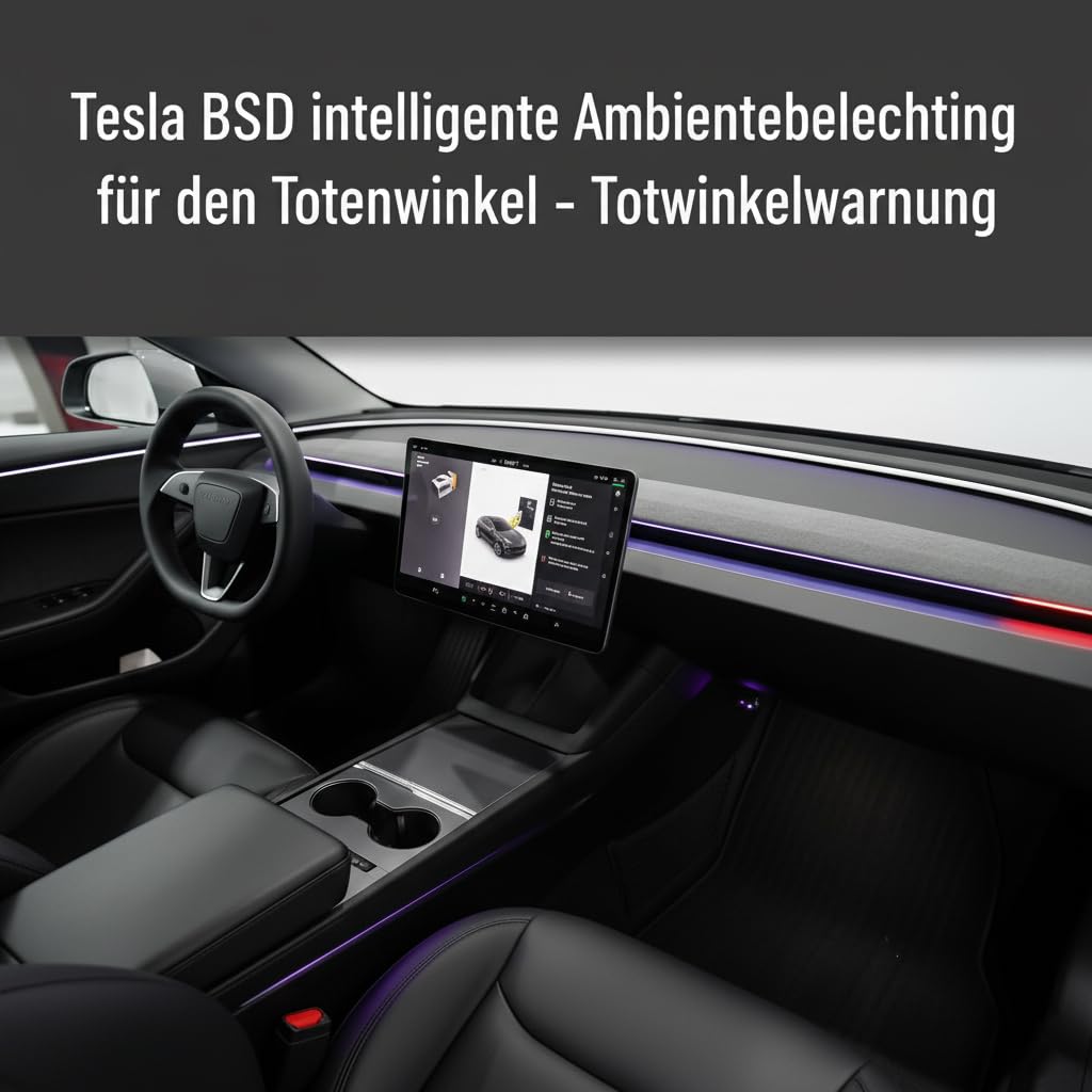 M.I.C. LED-Ambientelicht-Lichtleiste mit BSD – Totwinkel-, Geschwindigkeits & Türwarnung, farb- & helligkeitsregelbar, Plug-&-Play, ohne Kleben – in den Spalt gesteckt, passt für Model 3/Y ab 2021