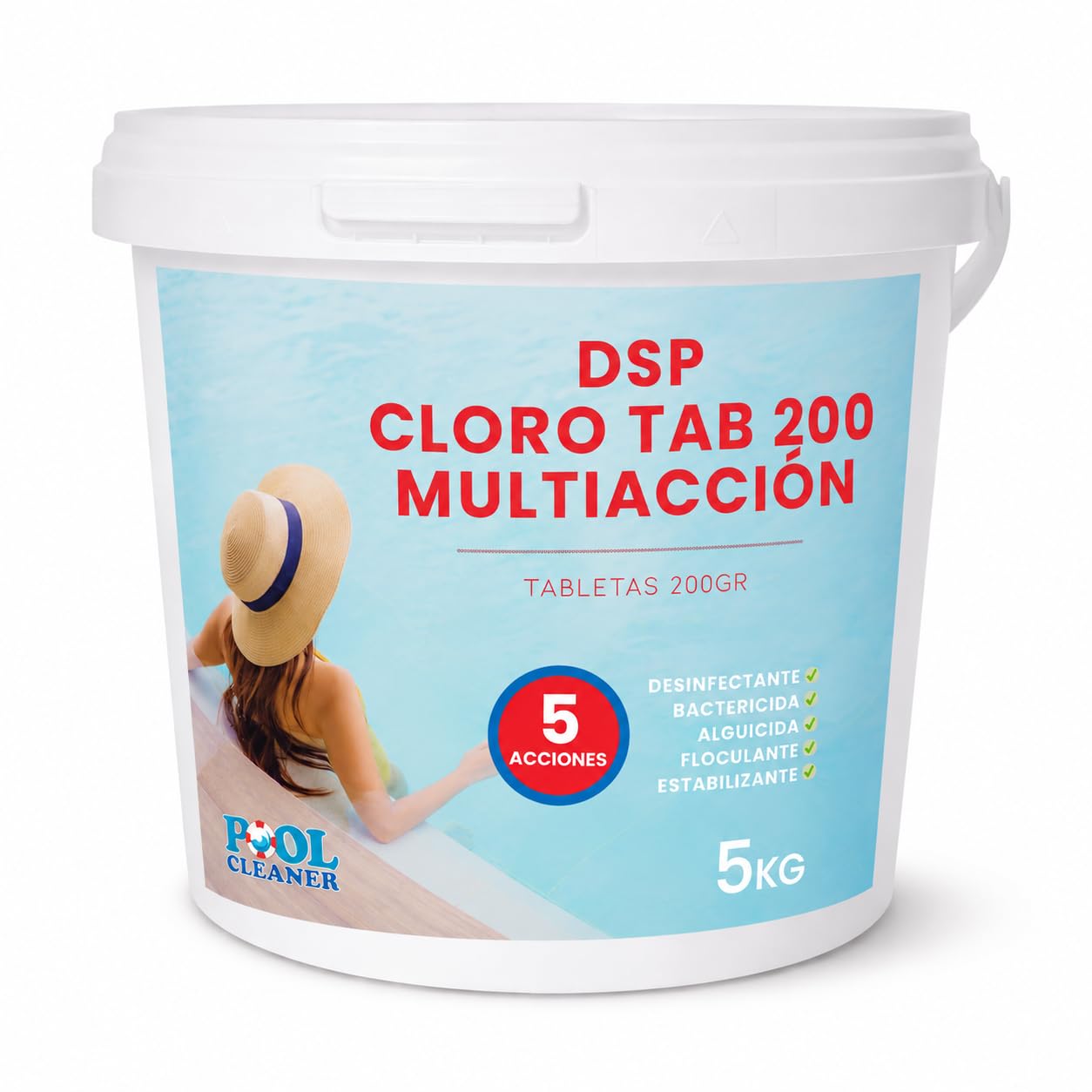 DSP Cloro Tab 200 Multiacción 5KG Pastillas 200gr | Tratamiento Completo para Piscina | Agua Cristalina y Desinfectada | Disolucion Lenta (Cloro 5 Acciones)