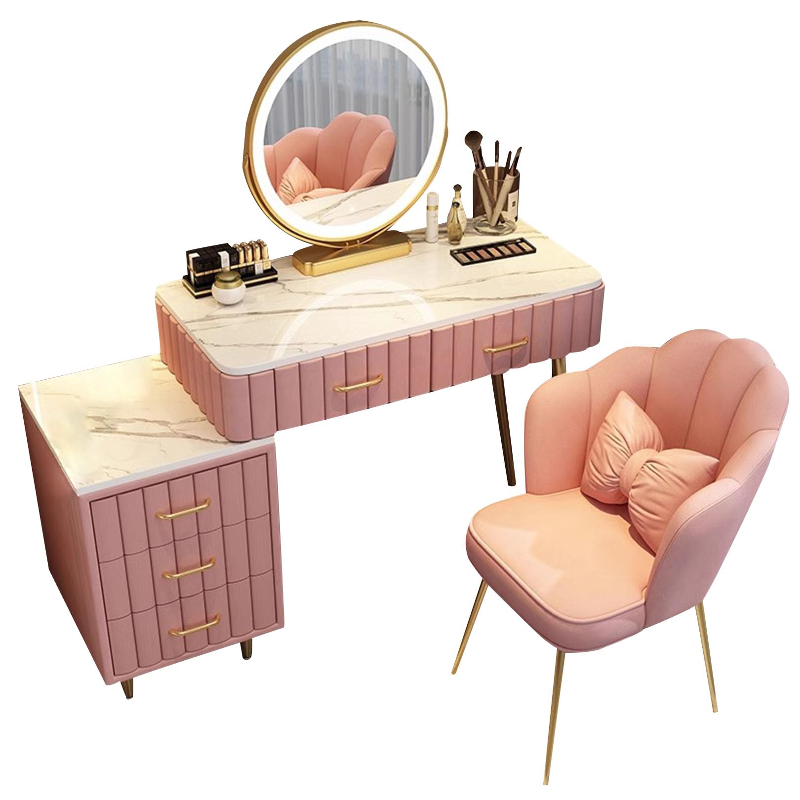 Set di tavolo da trucco rosa illuminato con sedia, elegante scrivania da 100 cm per ragazze, bambini e adolescenti, con cassetti per riporre trucchi e accessori