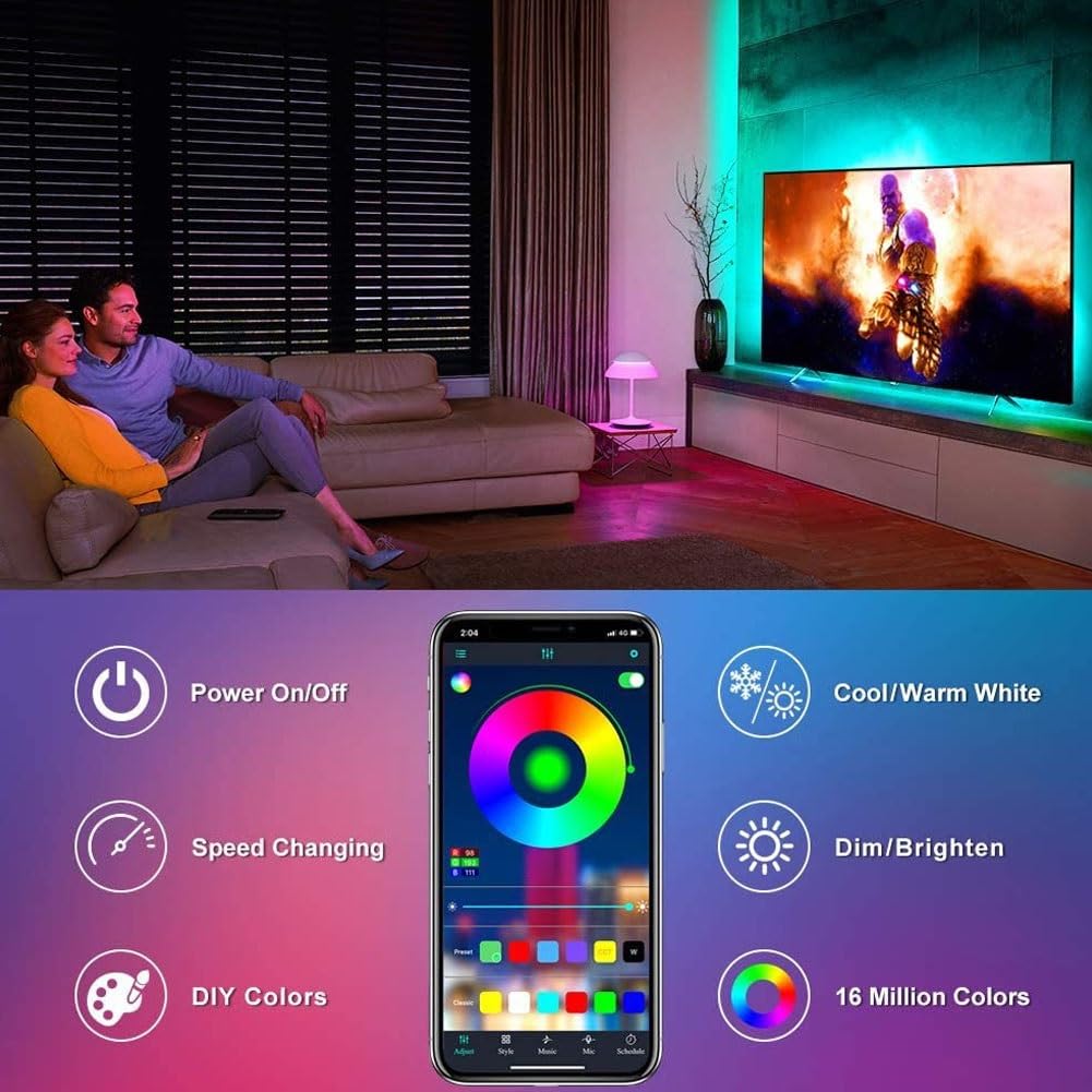 Barra de luz LED RGB para juegos, iluminación ambiental alimentada por USB para televisores y computadoras, control de aplicación Bluetooth, tira de retroiluminación de sincronización de música