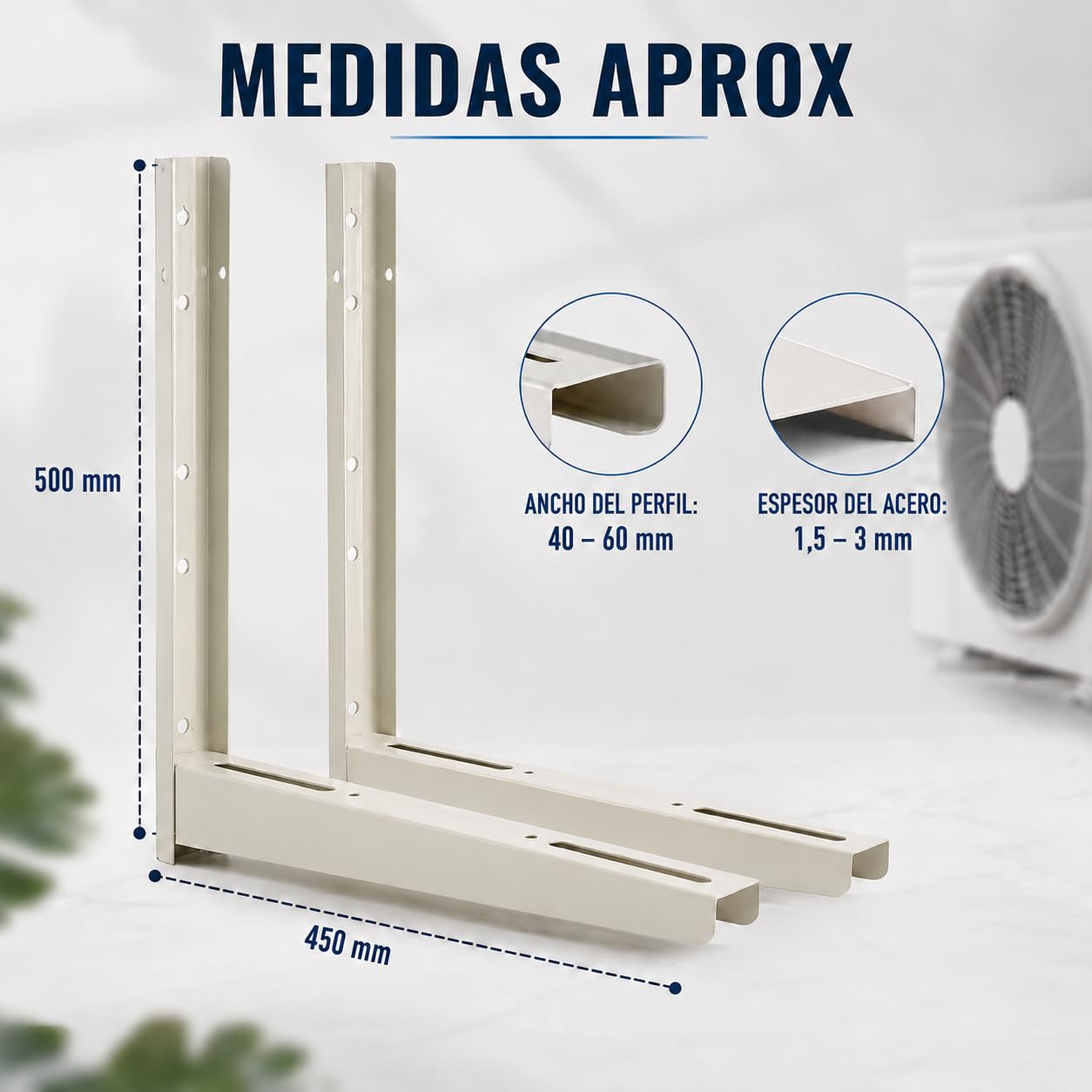 Juego de Soporte Exterior para Unidad de Aire Acondicionado 500x450x55x1,5 mm Estructura Soldada Pack Antivibradores