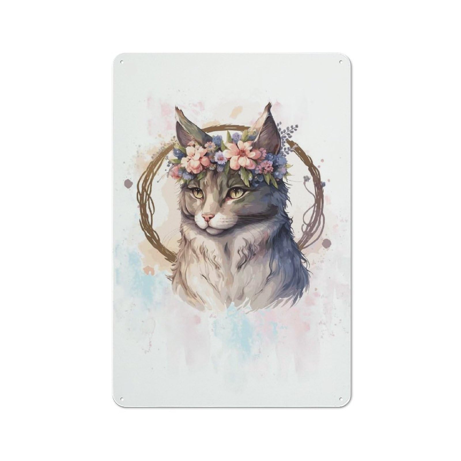 Junmoney Style-21 Tin Wall Plaque 30X20cm With Floral Manx Cat Painting For Bar Or Restaurant, Suited To Restaurant Interior Fans