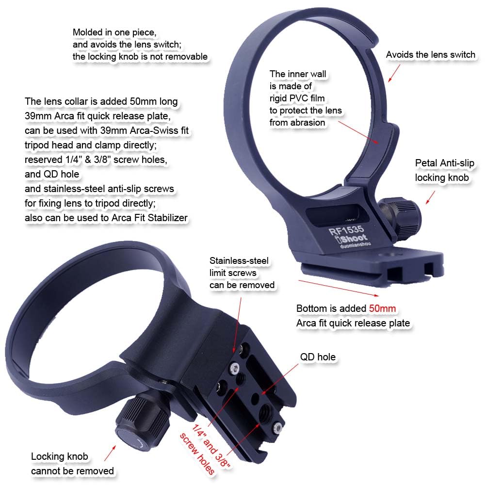 iShoot Bague de fixation pour trépied compatible avec Canon RF 15-35 mm F2.8L IS USM, support d'objectif inférieur Arca-Swiss Fit Plaque à dégagement rapide pour trépied Arca et stabilisateur