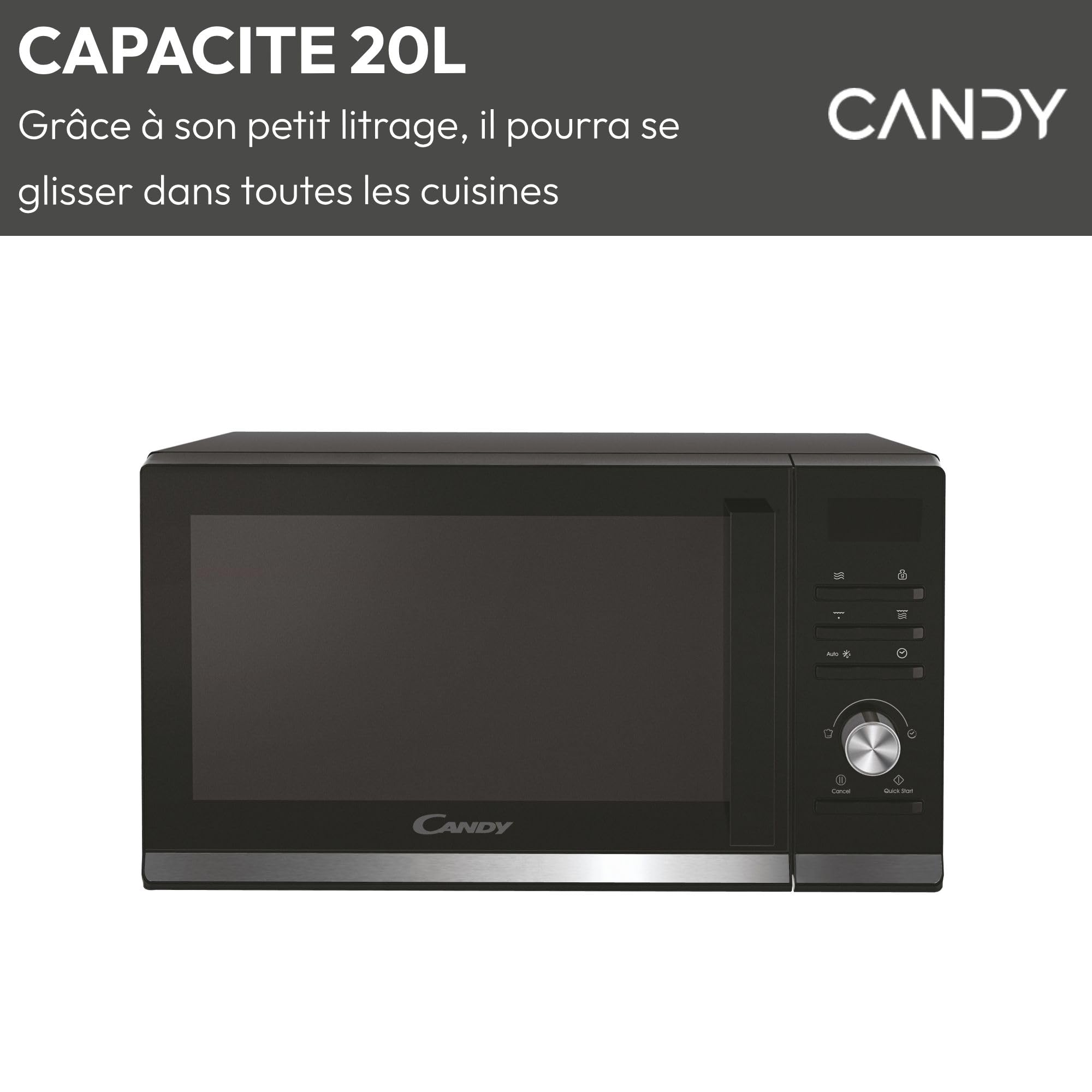 Candy Moderna CMGA20TNDB Four Micro-ondes Gril 700W 20L Digital, Fonction Gril et Décongélation, Plateau Tournant, 11 Niveaux de Puissance, 19 Menus Auto, Cuisson Express, Grille Métal, Noir