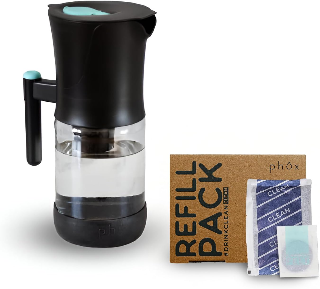Phox V2 Water Filter | 9-Cup Glass Water Filter Pitcher and Refillable Eco Cartridge Cartridge | 30-Day Supply (Clean Pack)