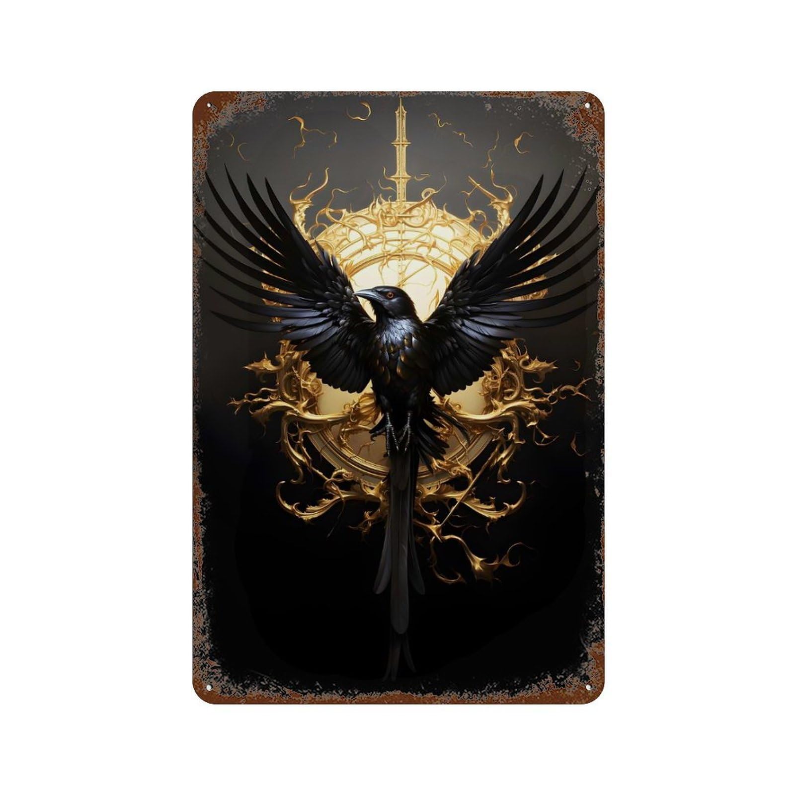 Black And Gold Crow 01 Rust Effect Tin Sign 11.8"x7.9", Industrial Home Decor for Garage, Pub Or Kitchen
