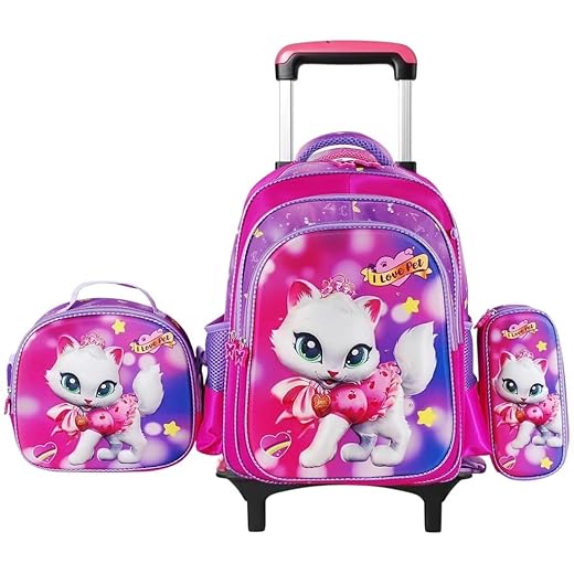 Mochila escolar de rodinhas com LED, kit 3 peças com mochila. lancheira forrada e estojo, para meninos e meninas de 6 a 12 anos (GATO 1)