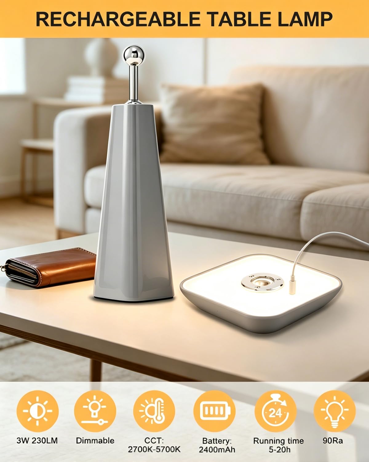 HARPER LIVING Lampada da tavolo ricaricabile, a forma di fungo, con funzione magnetica, dimmerabile, portatile, a batteria, per camera da letto, soggiorno, casa, ufficio, camera dei bambini (grigio