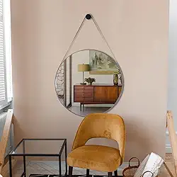 Espelho Decorativo Redondo 60cm Adnet Suspenso com Alça Couro Gelo e Pino de Fixação