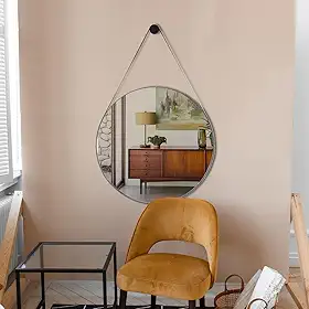Espelho Decorativo Redondo 60cm Preto Adnet Suspenso com Alça Couro e Suporte de Fixação