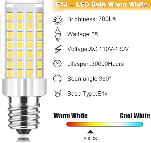 Miniatura 3 de Koondigi - Bombillas LED E14 regulables, base europea de 7 W, equivalente a bombilla incandescente de 70 W para bombillas de campana de cocina,