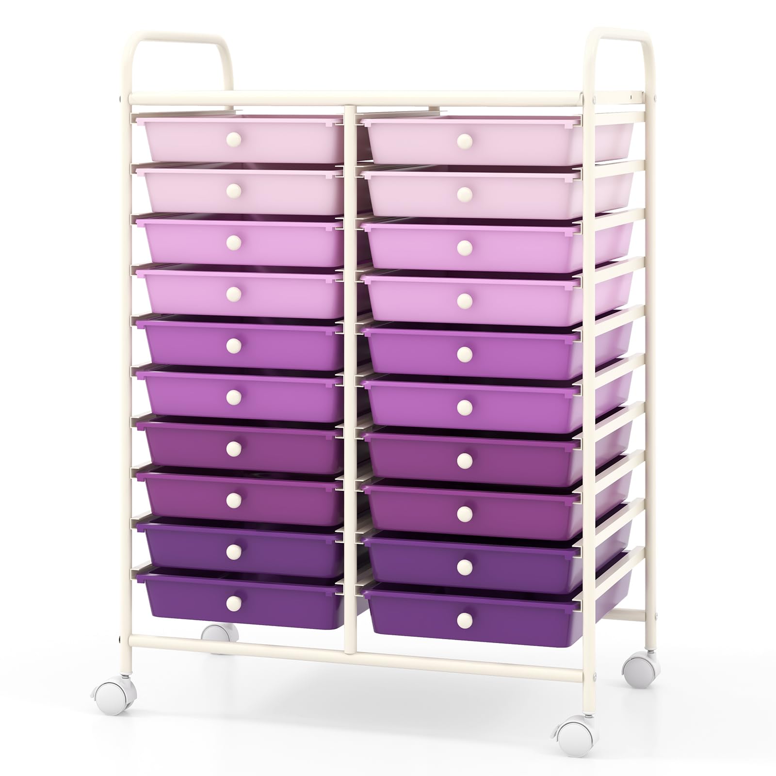 GOPLUS Carrito Auxiliar con 4 Ruedas, Carro de Servicios con 20 Cajones, 2 Ruedas con Frenos, Carro de Almacenamiento de Estructura Metálica para Cocina Oficina Baño (Violeta)