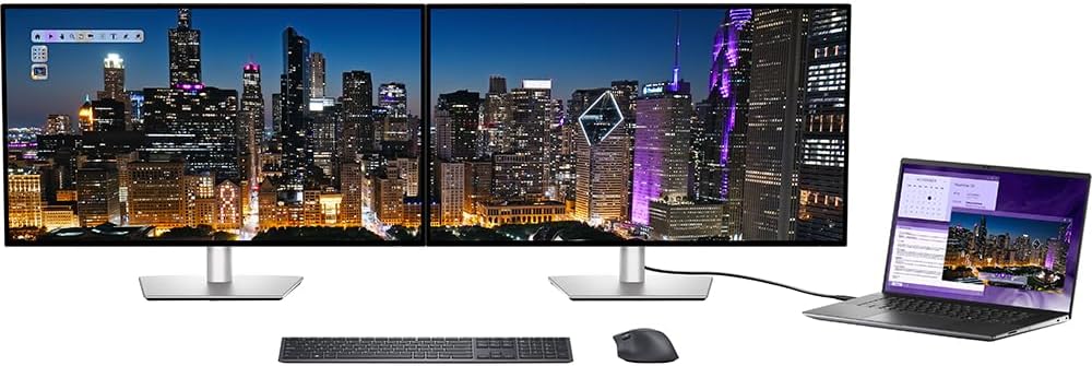 Dell UltraSharp 32 inch 4K UHD 120Hz Monitor in a dual monitor setup with a laptop