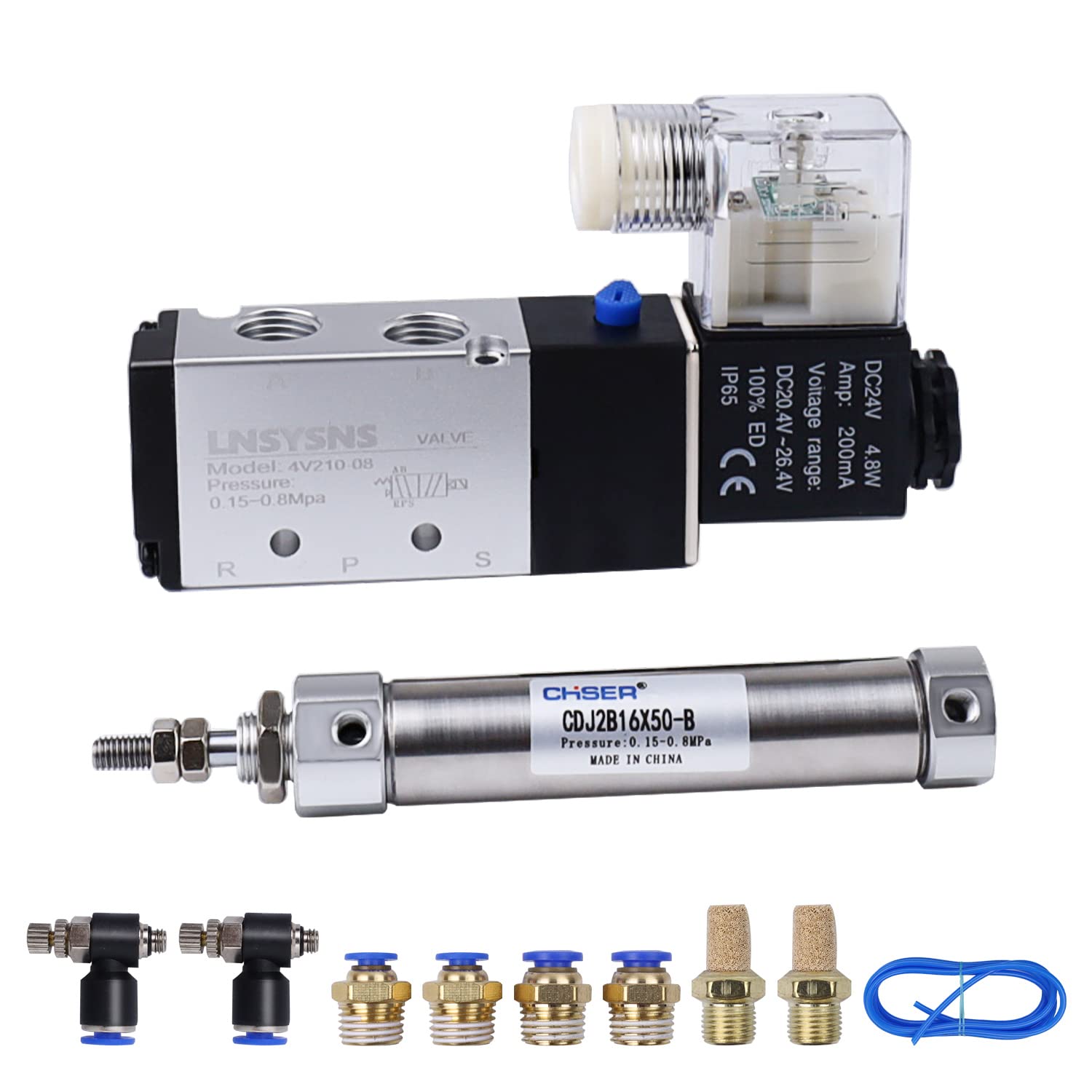 Pneumatik 5/2 Wegeventil - LNSYSNS Pneumatik Ventil 4V210-08 DC 24V und Pneumatikzylinder, Ausgestattet mit Pneumatik Schalldämpfer, Pneumatik Schlauch, Pneumatik Schlauch Steckverbinder