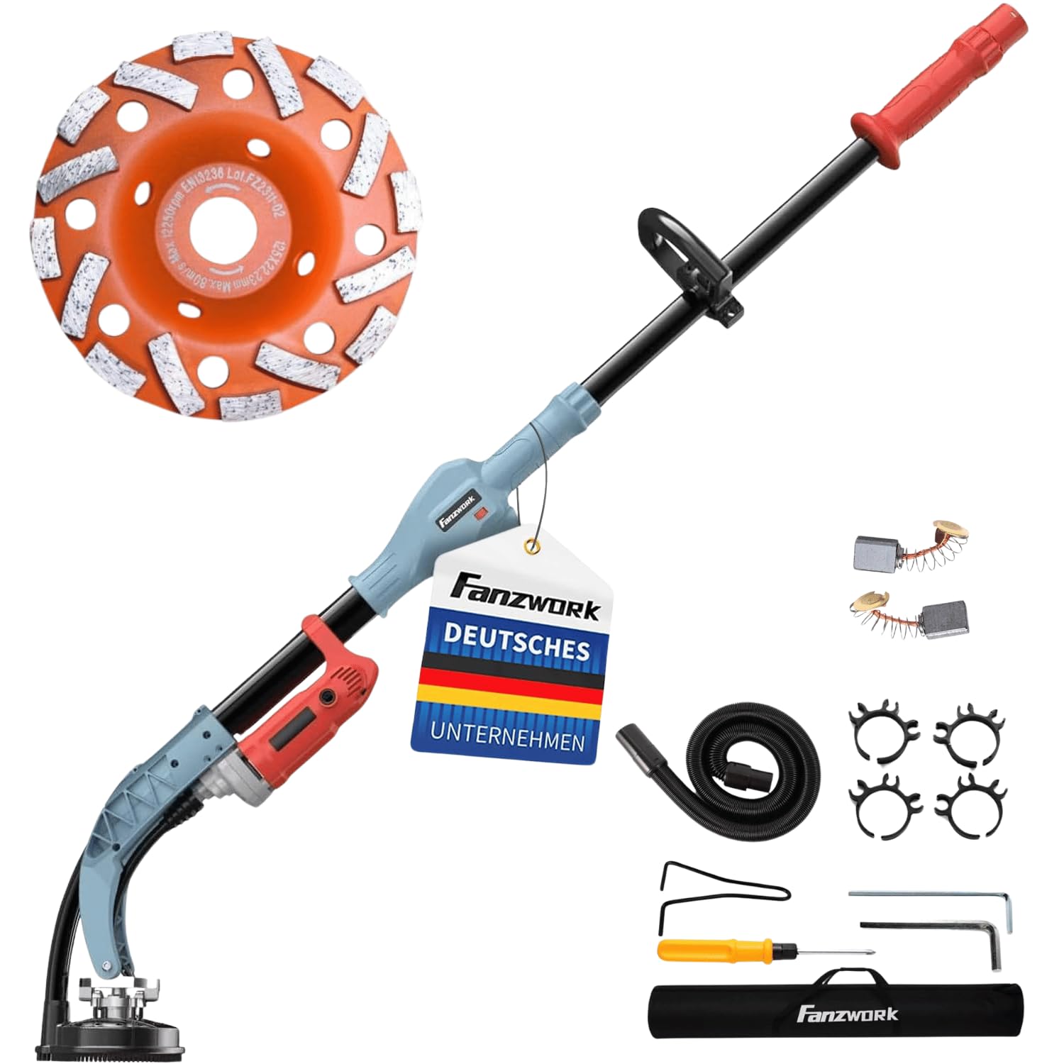 Fanzwork - Levigatrice per calcestruzzo da 1010 W, con asta telescopica fino a 1,20 m, con testa diamantata da 125 mm e borsa per il trasporto. Velocità regolabile: ideale per lisciare il calcestruzzo