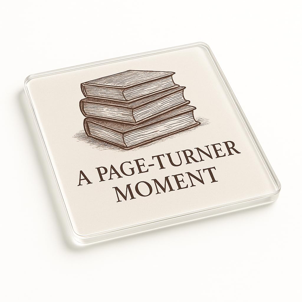 The Plum Penguin Literary Warmth Acrylic Coaster Gift - Design With Stacked Books And Elegant Serif Font For Book Lovers
