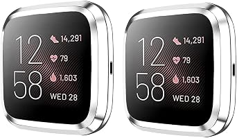 2 Pack Case Compatible with Fitbit Versa 2 Screen Protector, Soft TPU Full Coverage Protective Cover Bumper Frame Versa 2 Smartwatch Silver x 2