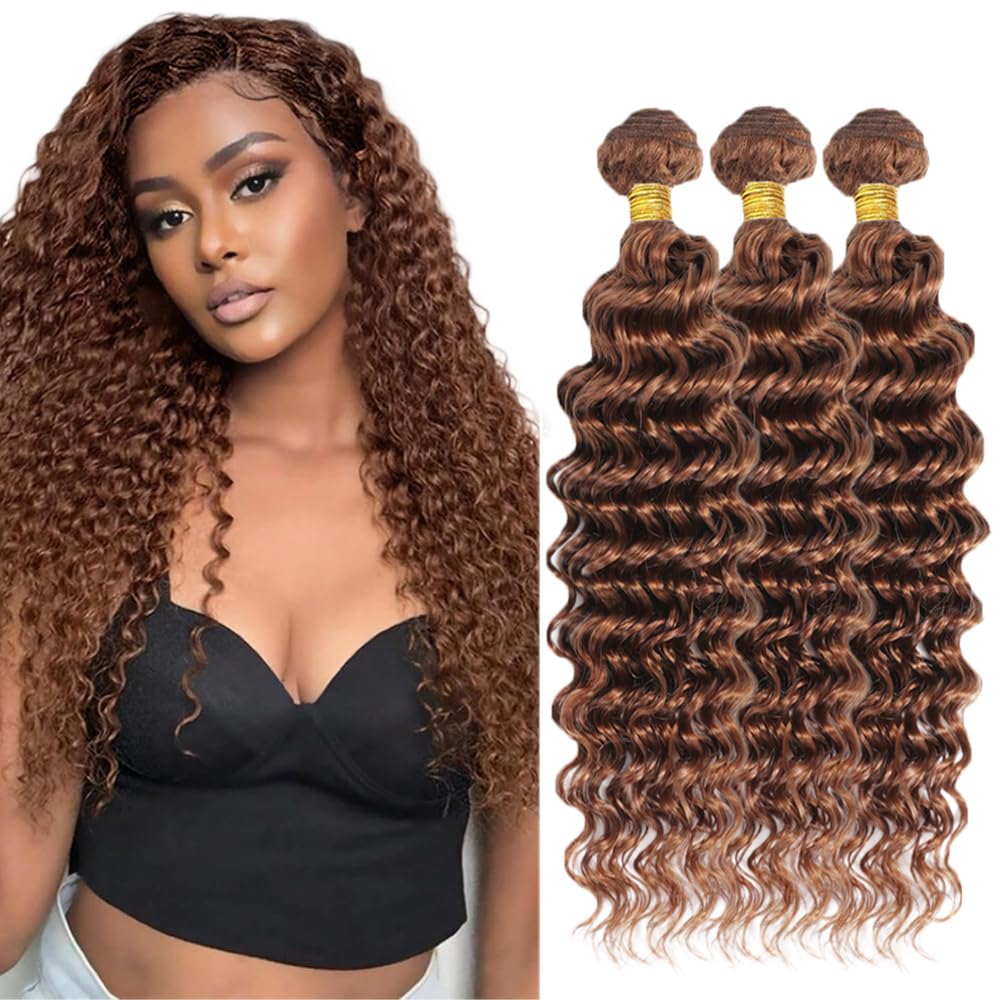 Color 30 Bundles Human Hair Deep Wave 3 Bundles 14 16 18 Inch Unprocessed Brazilian Virgin Remy Hair Brown Deep Wave Bundle Light Brown Human Hair Extensions