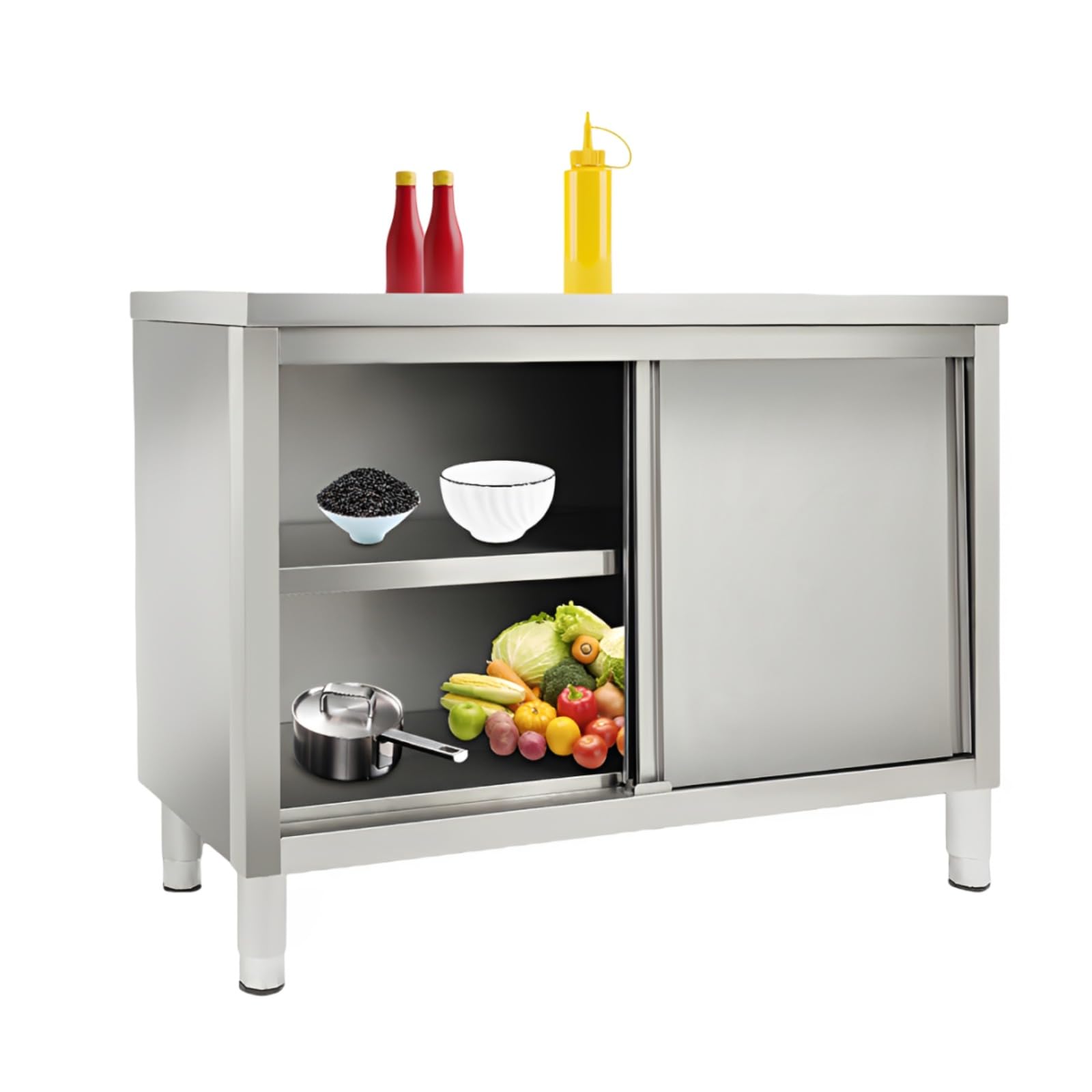 Mesa de trabajo de cocina de acero inoxidable, mesa de trabajo con puertas correderas, 120 x 50 x 86 cm, almacenamiento de altura ajustable 5-20 cm, armario gastro de acero inoxidable, doble