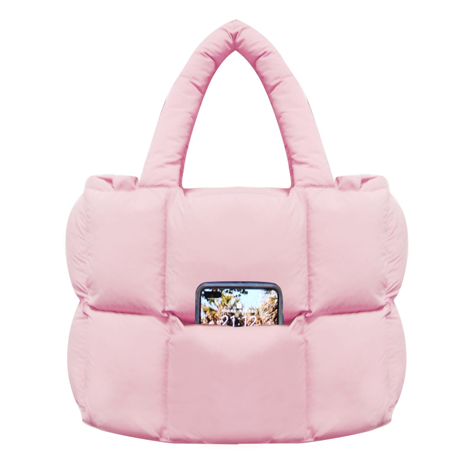 Puffer Tote Bag for Women, Quilted Shoulder handbag for Travel, Work, Gym | nylon lightweight bag, waterproof, cloudy, zipper, compartments, nurse bag, adjustable crossbody strap