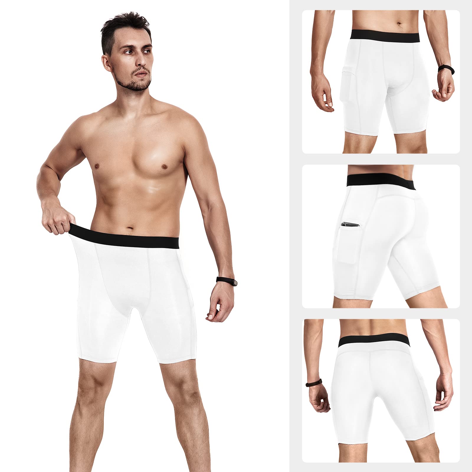 Niksa Lot de 3 shorts de compression pour homme, short de sport avec poches, short de course à pied, entraînement et fitness, Blanc, gris, bleu marine, Taille L