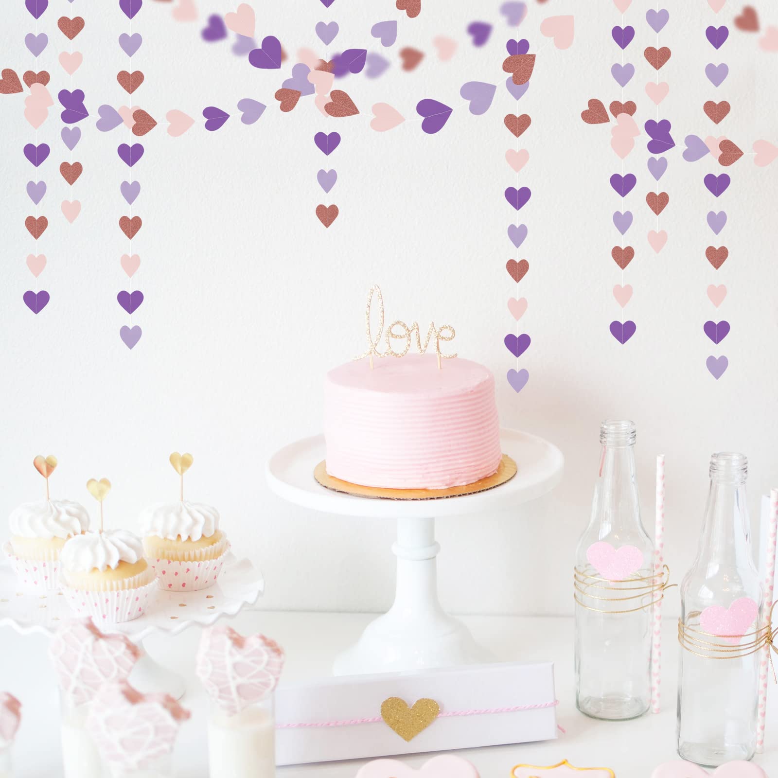 Guirnalda de corazón para decoración de fiesta de oro rosa, rosa y morado, serpentinas de 52 pies, decoración de baby shower, pancarta de papel colgante de cumpleaños para niñas y mujeres, decoración