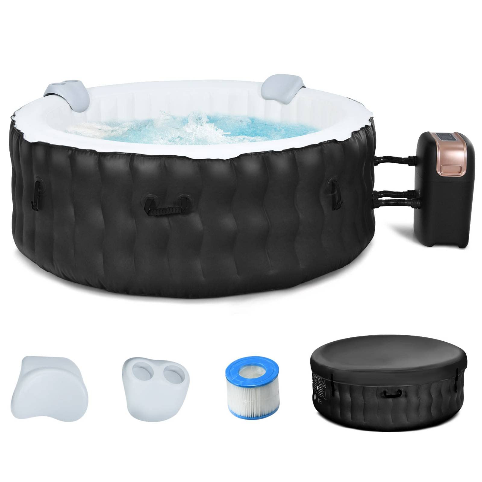 COSTWAY 4-6 Person Hot Tub Spa, 108 Bubble Jets Outdoor Inflatable Hot Tubs with Headrest, Drink Holder, Pool Cover and Ground Sheet, Quick Heating Smart Filtration Round Hottub (Black)