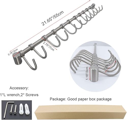 Miniatura 6 de Bastidores de montaje en pared para ollas y sartenes, juego de utensilios de cocina y organización de almacenamiento, 21.5, 31.5, 39.9 pulgadas,
