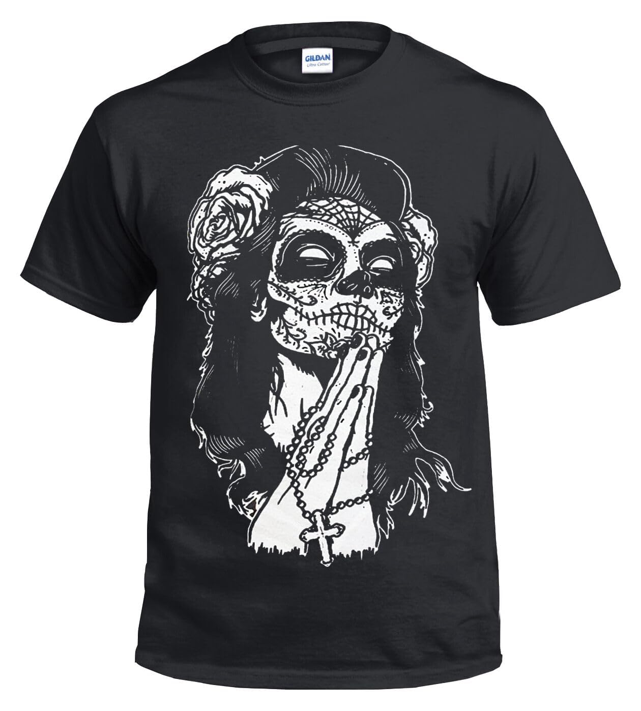 Darkwear Men's Black T-Shirt White Print Mexican Skull Cotton T-Shirt Tattoo Skull Rock Metal Biker Goth Sugar Candy Top (Black, M)
