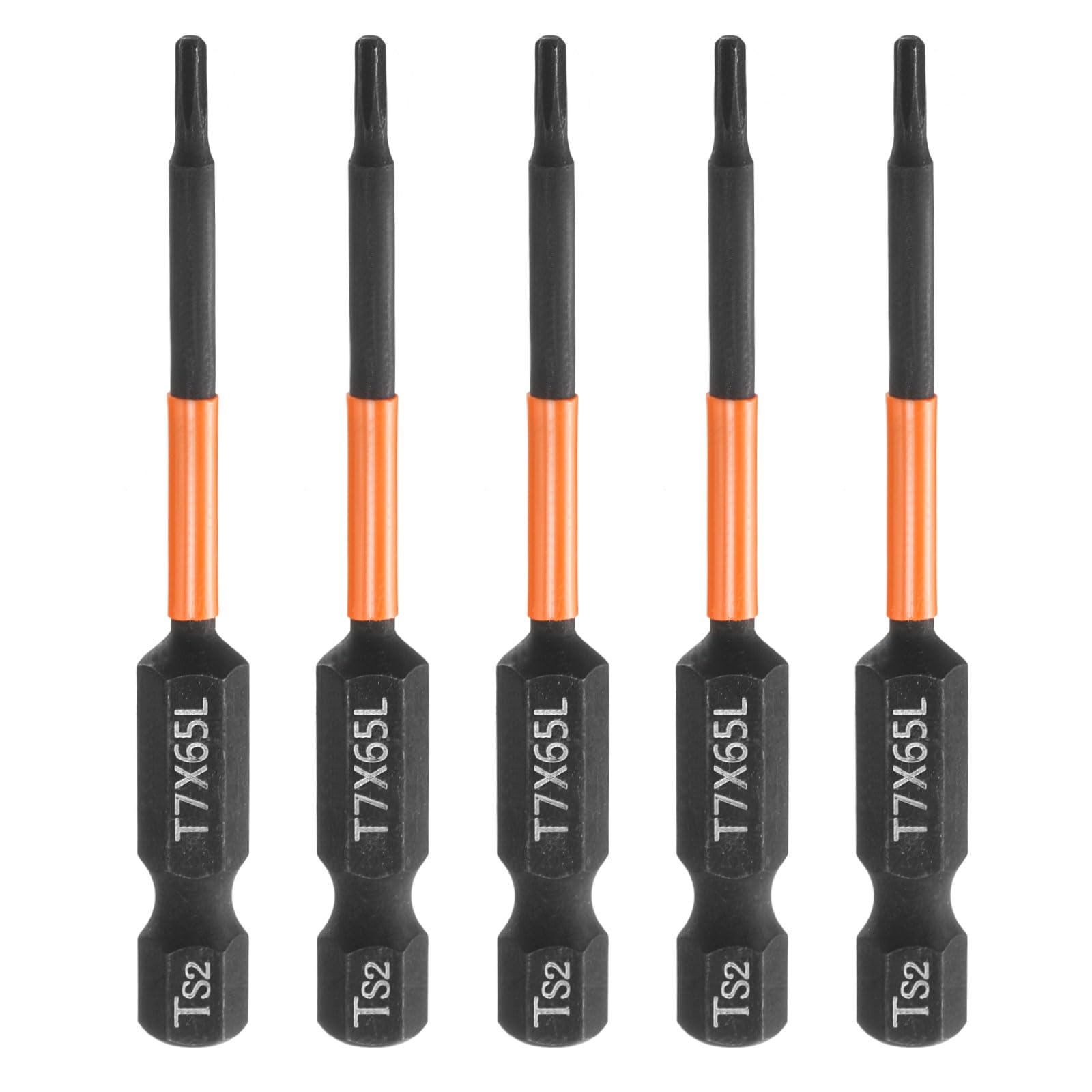 sourcing map 5pcs T7 Torx Head Screwdriver Bit 2.56" (65mm) Long 1/4" Hex Shank Magnetic No Hole Tamper Proof 6 Point Star Screw Driver Drill Bits Phosphate S2 Steel Industrial Power Tools — image 1