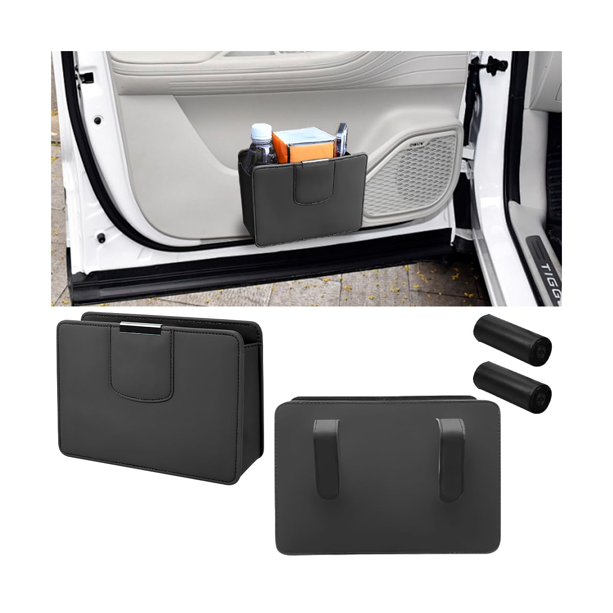 KHGUZ - Papelera de cuero para coche, contenedor de basura magnético, mini, portátil, plegable, para colgar en el interior del vehículo, accesorio universal para SUV, camión, RV, color negro