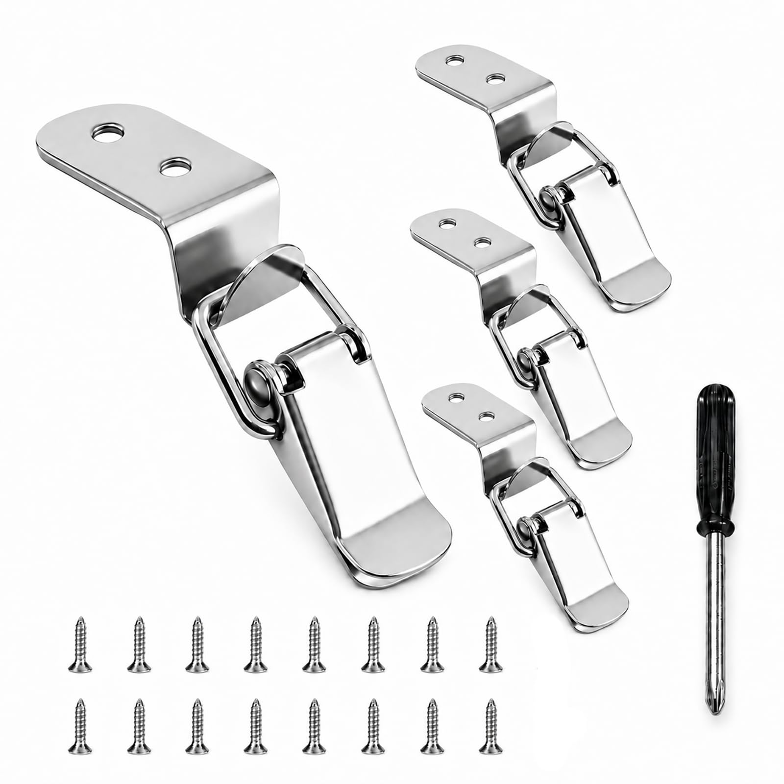 FortWeal Toggle Latch, 4Pcs Small Iron 90 Degree Hook Buckle No Lock Connector Supplied with Screwdriver, Spring Tension Catch Hasp Clamp for Meter Box, Drawer, Cabinet, Chest, Toolbox - Silver