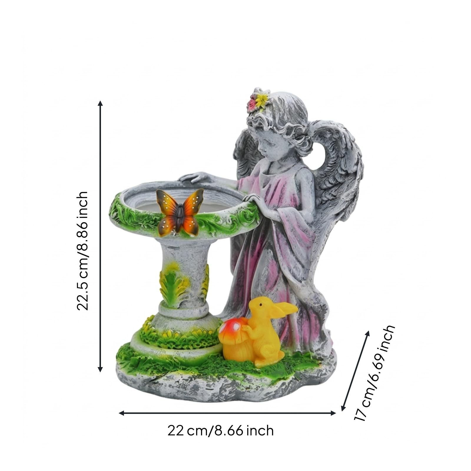 Scultura Angelo da Giardino con Bacinella Alimentata Dal Sole Resina Resistente Agenti Atmosferici Decorazione con Panneggio E per Terrazza Aiuola Cortile Ingresso Esterno