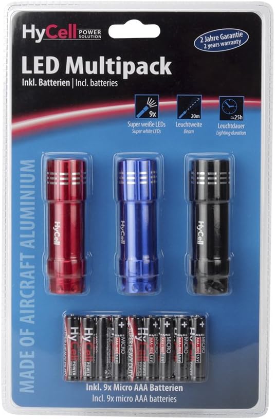 HYCELLTorch Multipack Flashlight with Super Bright LED Including Batteries, Aluminium, Red/Blue/Black