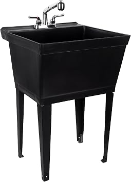 Black Utility Sink Laundry Tub With Pull Out Chrome Faucet, Sprayer Spout, Heavy Duty Slop Sinks For Washing Room, Basement, Garage or Shop, Large Free Standing Wash Station Tubs and Drainage