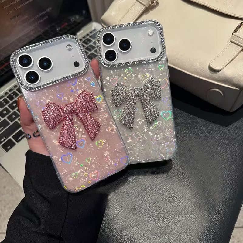 Image of mobistyle Compatible with iPhone 17 Pro Max | Rhinestone Bow Elegant Heart Shell Pattern and Camera Lens Protection Back Cover Case for Women Girls iPhone 17 Pro Max (Pink)