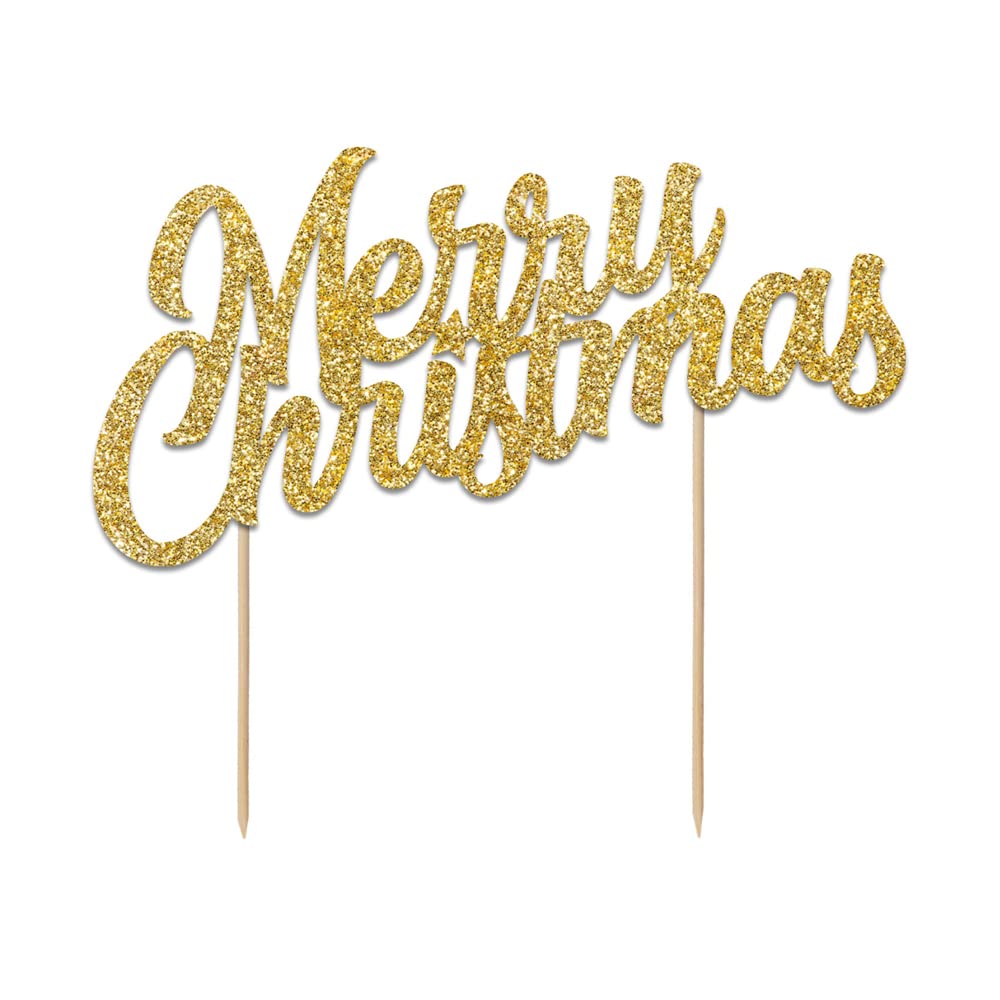Anniversary House Gold Glitter Merry Christmas Cake Topper 18 x 15cm, Christmas Cake Decorations, Sturdy Paper, Sparkly, Glittery Festive Decoration for Cakes, Toppers for Xmas Food, J181
