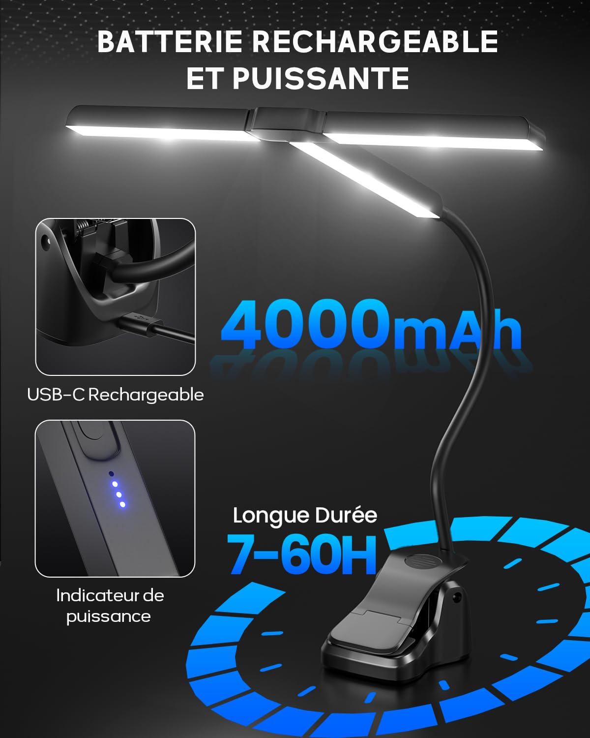 Lampe de Pupitre de Musique Ultra-Large 36CM, Super-Lumineux 57 LEDs, 4 Couleurs x 3 Luminosités, Lampe de Piano Pliable en Forme-T pour Partitions et Livres, USB-C Rechargeable