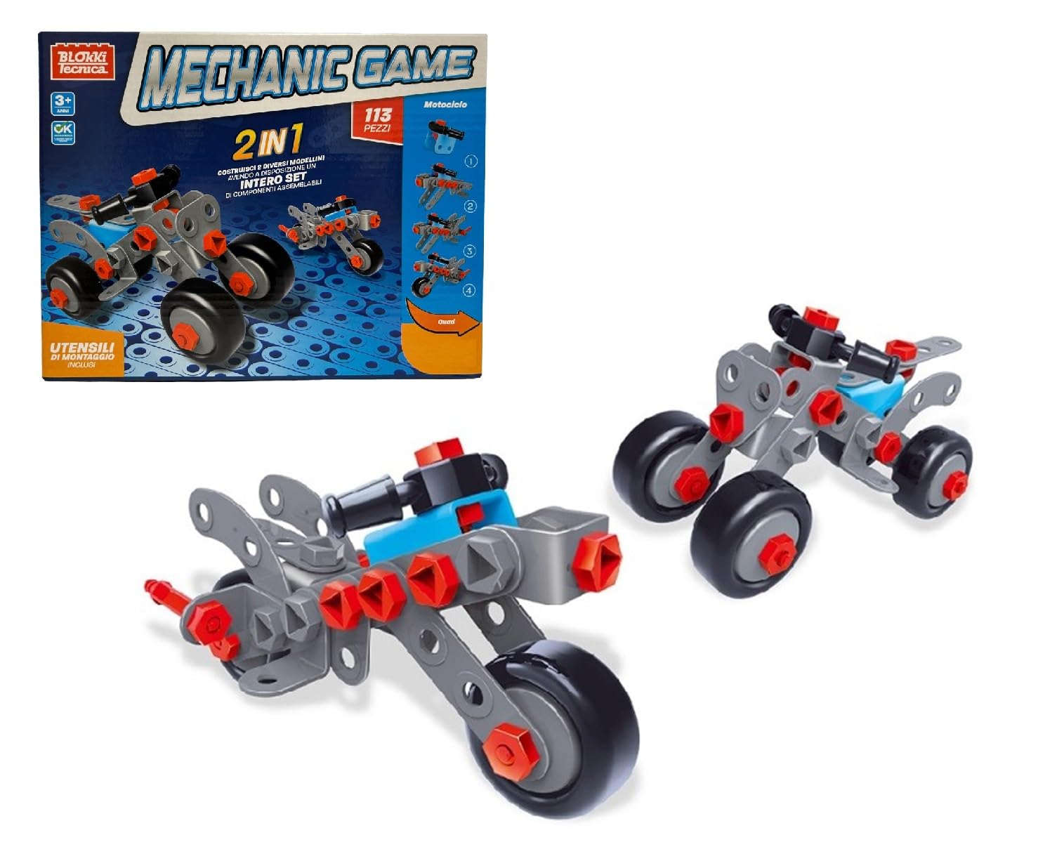 2-in-1 Children's Mechanical Buildings for Cars Motorcycles Quad Robot Scraper Plane Truck with Tools Construction for Children Vehicles to Assemble Technical Building Blocks (Motorcycle/Quad)