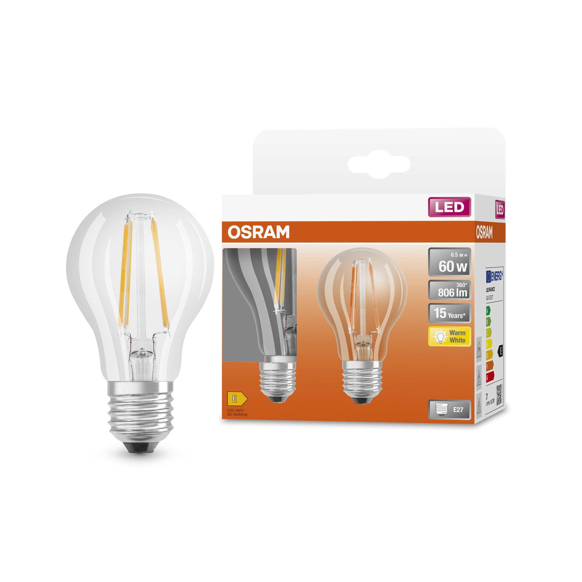 OSRAM Led Star Classic A60 Led Lamp for E27 Socket, Pear Shape, Fil, 806 Lumen, Warm White (2700K), Replacement for Conventional 60W Light Bulbs, Not Dimmable, 6-Pack