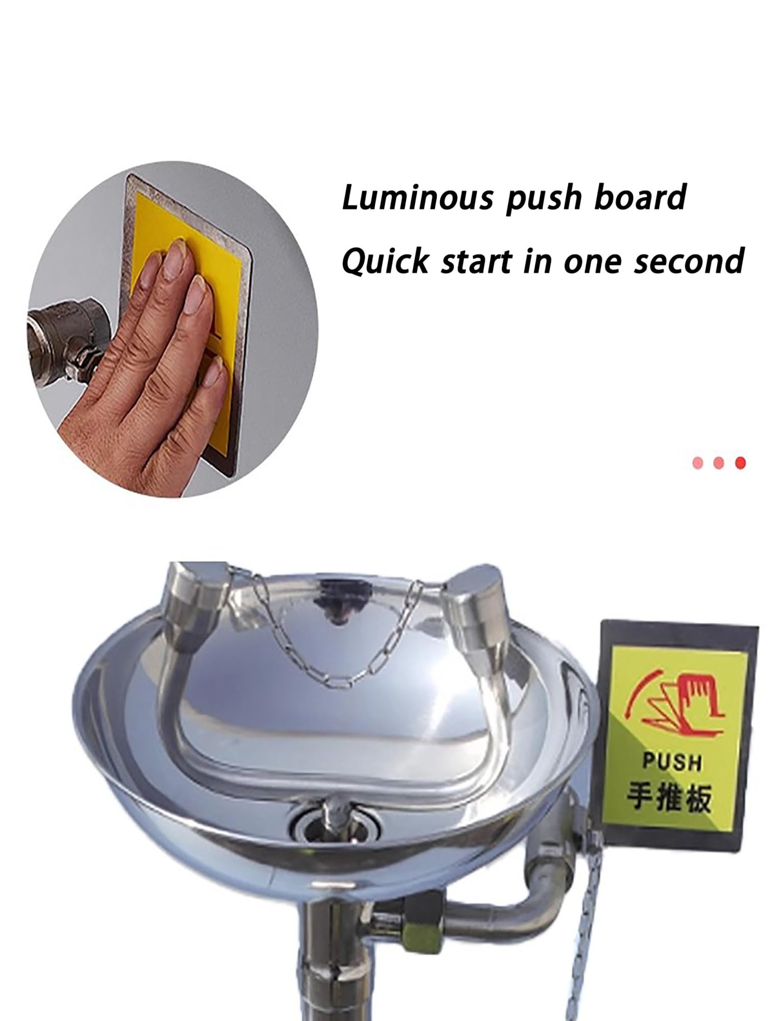 Lavaojos de acero inoxidable 304, estación lavaojos con pedestal, tablero de empuje manual llamativo e interruptor de pedal, operación manos libres.(Yellow,With pedals)