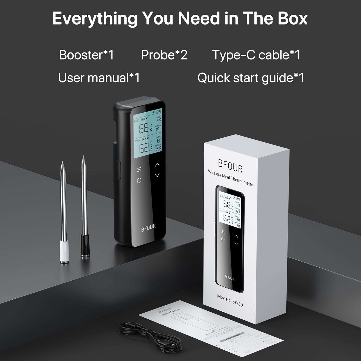 BFOUR Termometro per carne senza fili con WiFi e Bluetooth, 100% impermeabile con 2 sonde, doppio monitoraggio della temperatura per barbecue, forno, arrosto – BF-80