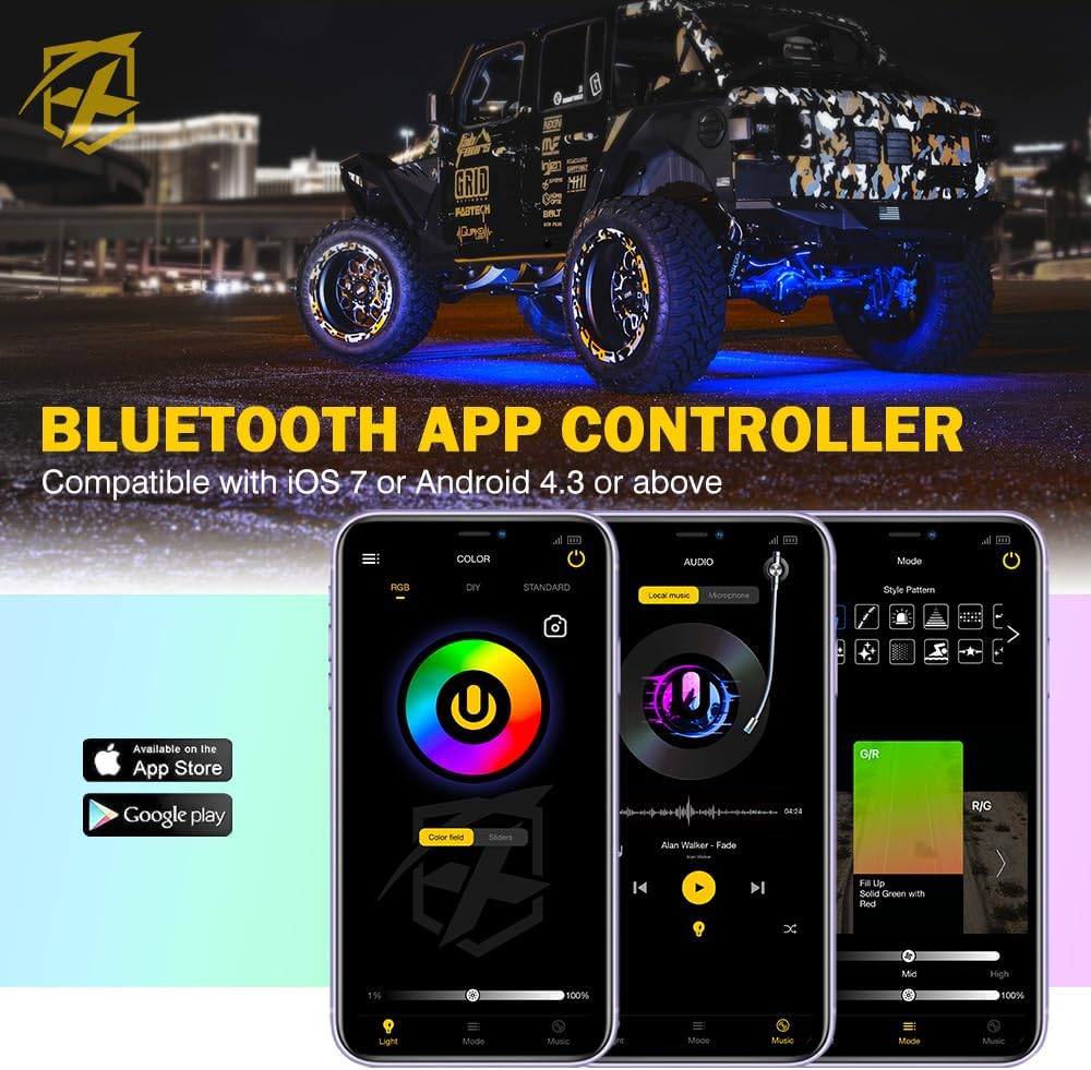 Xprite RGBW LED Rock Lights Kit with Bluetooth & Wireless Remote Controller, Multicolor Cars Underglow, Wheel, Footwell Neon Light Kits, for Off-Road UTV ATV Trucks SUV Motorcycle Boats - 10 Pods