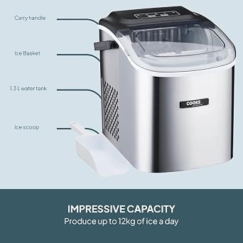 Cooks Professional 12KG Ice Maker Machine with Scoop | Countertop Ice Cube Maker for Home, Kitchen, Bar | Large Capacity 1.3L Water Tank | Quick & Easy with 2 Ice Size Options | No Plumbing | Silver