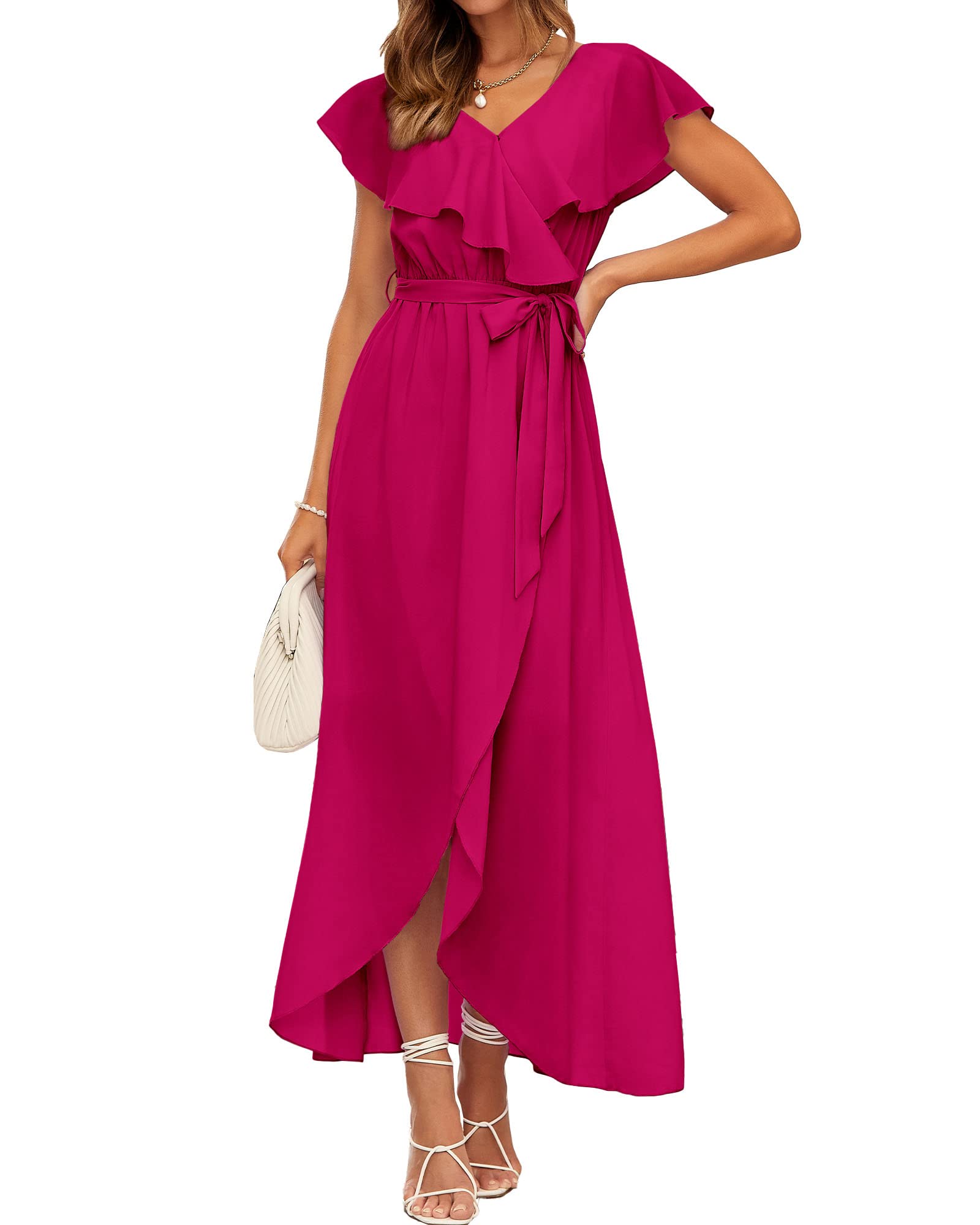 Btfbm Womens Summer Chiffon Maxi Dresses Deep V Neck Ruffle