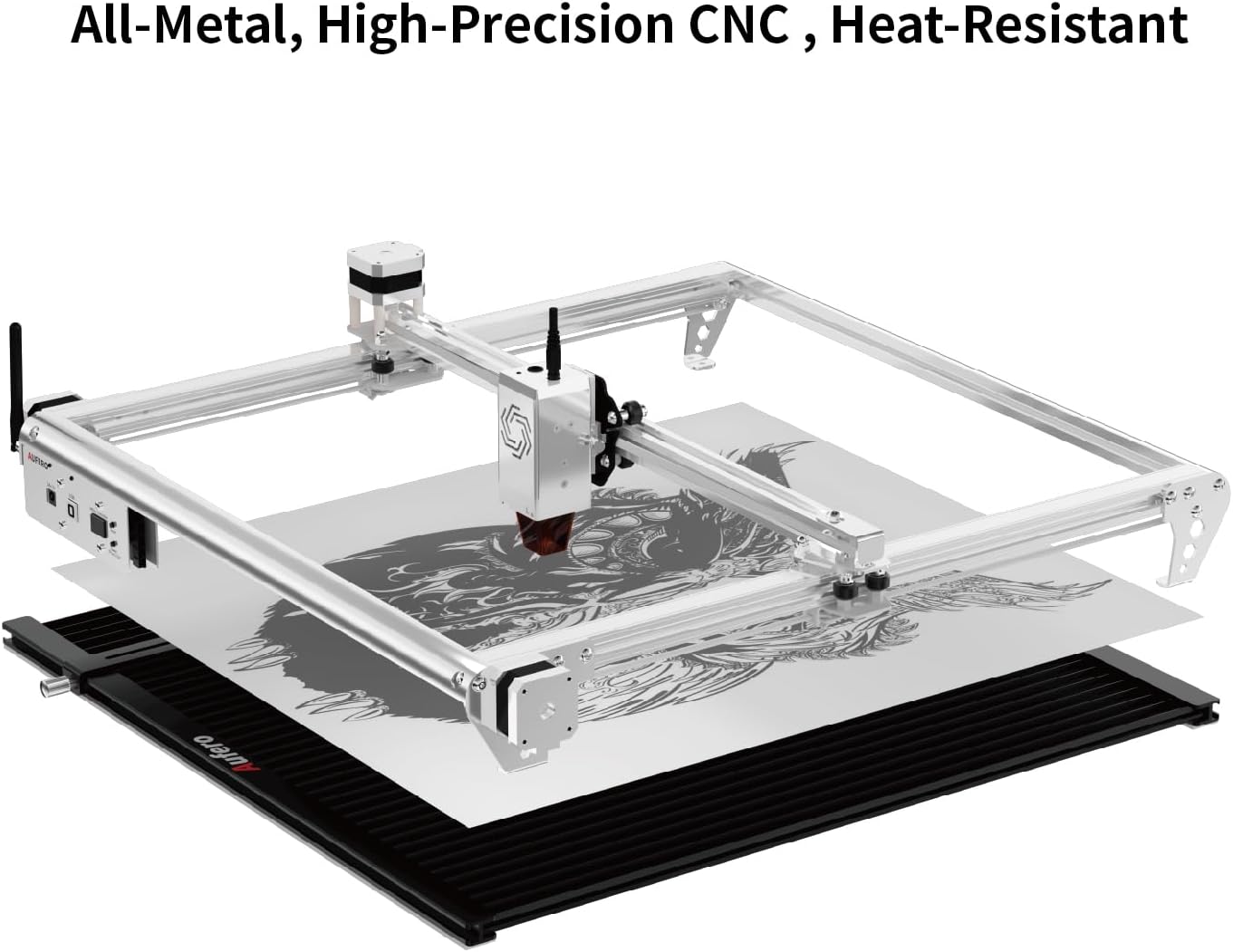 Aufero Laser Engraver with an exploded view showing the laser module, frame, and the knife-edge platform