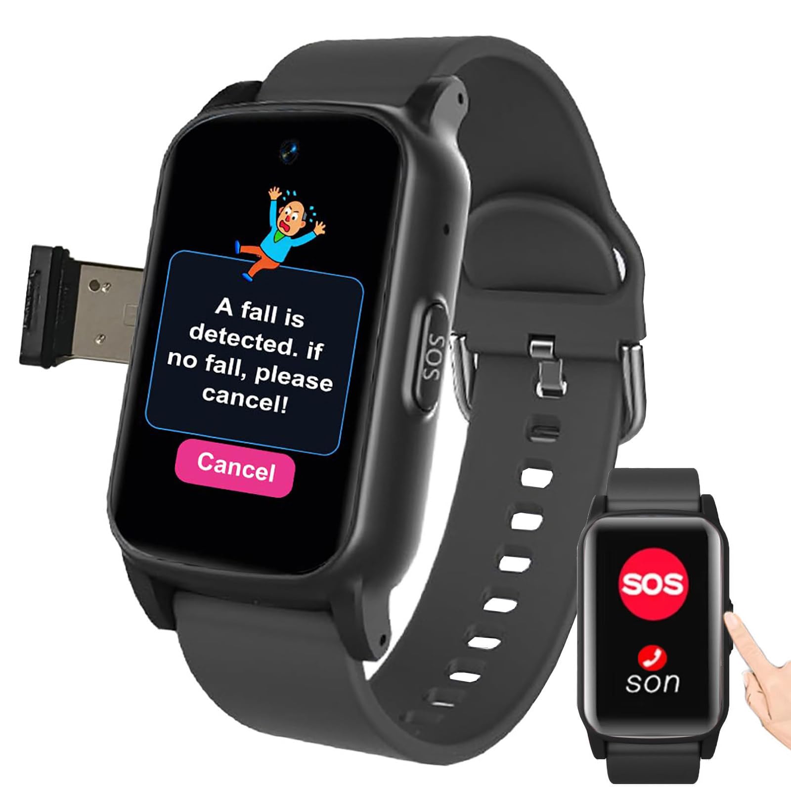 ZHZWwansuGE 1.47'' HD Fall Detection Smart Watch for Seniors, SOS Alert,GPS Tracker,Emergency Call,Health Monitoring, Ip67 Waterproof,Multiple Languages,for Elderly Black